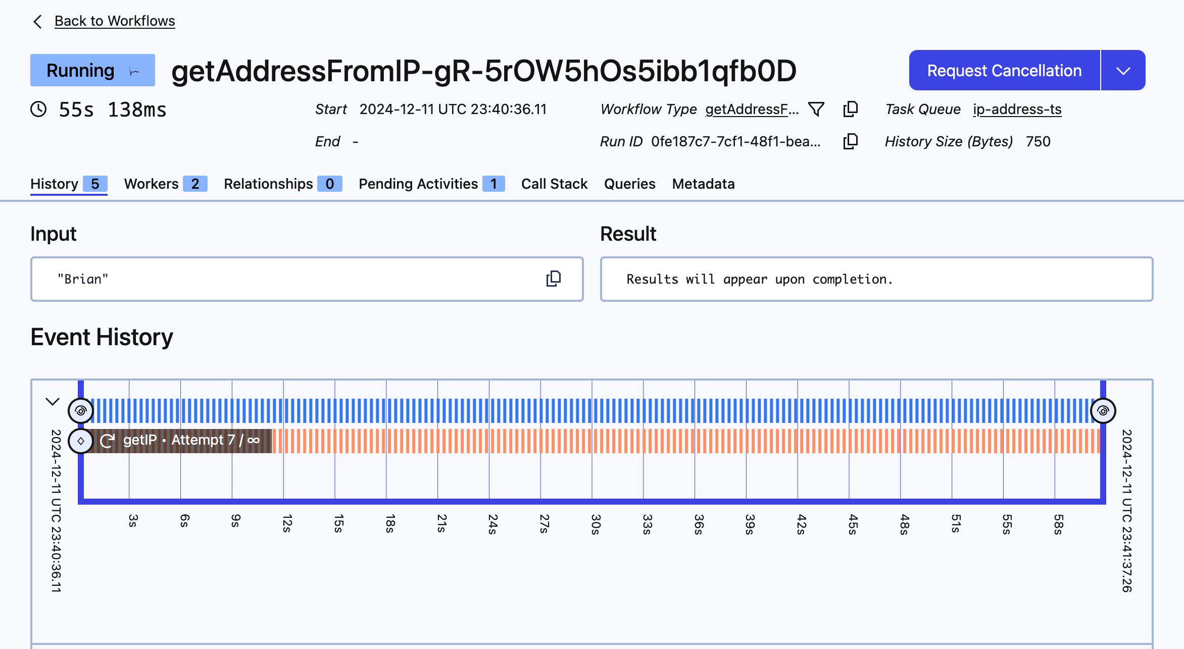 The timeline shows the Activity failure